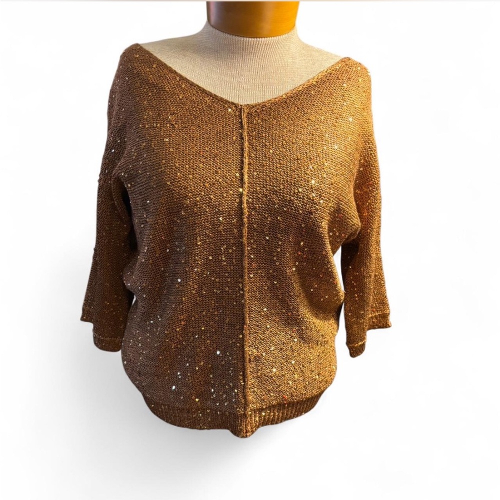 WD.NY Women's V-Neck Sweater in Brown with Gold Accents